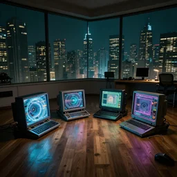 cyberpunk apartment computers taken apart moody lighting wood flooring view of bladerunner2049 cityscape