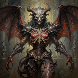 Scorn themed painting of symmetrical organic torso Leviathan infernal armor anatomy with bat wings and extended evil hands concept, intricate artwork by H.R. Giger, Johnatan Wayshak, Zdizslaw Beksinski, Ayami Kojima, Amano, Karol Bak, Moebius, and Mark Brooks, Neo-Gothic, gothic, rich deep colors, art by Takato Yamamoto, masterpiece, face by Artgerm, very coherent artwork, cinematic, hyper realism, high detail, octane render, unreal engine, 8k, High contrast, golden ratio, trending on cgsociety