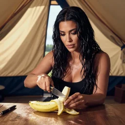 photograph of Kim Kardashian cutting a banana, with a pen, in a tent