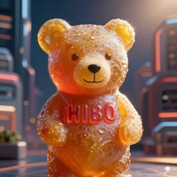 portrait of haribo bear in future city, col