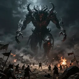 a dark ancient entity hovering above a battlefield, dark powerful being over a battlefield, dark atmosphere, realistic lighting