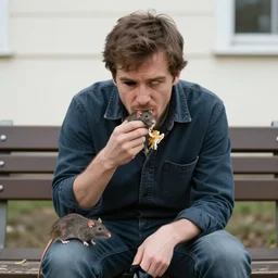 a man eating a rat, he is sitting on a bench, he is cross eyed.
