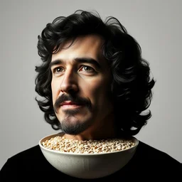 musician john oates face merged with a bowl of oats, face, stylized, minimalist, hyper realistic, simple background