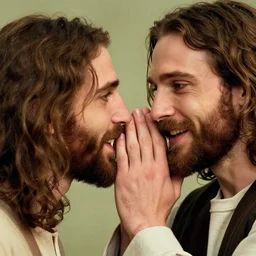 cinematic artwork close up of Jesus Christ whispering to Jordan Peterson, friendly, by Greg Rutkowski, 4k, masterpiece