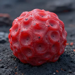 realistic highly detailed elegant red volcanic sphere slime in a active volcano