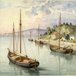 watercolor landscape of a 5 boats in harbor by albrecht durer, masterpiece
