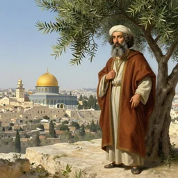 king shlomo standing on the mount of olives, next to an olive tree, overlooking solomons jewish temple on the temple mount in jerusalem, landscape, bohemian, soft lighting, highly detailed face!!, sharp focus, artstation, by gaston bussiere, j. c. leyendecker