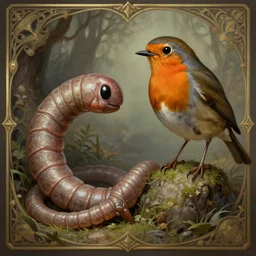 a worm defending itself from a british robin, deep focus, d & d, fantasy, intricate, elegant, highly detailed, digital painting, artstation, concept art, matte, sharp focus, illustration, hearthstone, art by artgerm and greg rutkowski and alphonse mucha