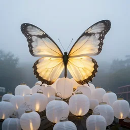 on a misty, overcast morning, a giant glowing butterfly perched on a pile of white lanterns, by craig mullins