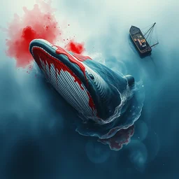 a water color painting of a whale bleeding near to a fishing vessel, water color, smooth effect, hyper detailed, dark art, horror art, digital art, octane render, realistic painting, high angle, volumetric light, part by beksinski, zdzisław part by carl gustav carus with red blood brushstrokes by swanland raymond.