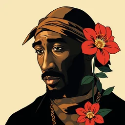 a stylized minimalist portrait of tupac with a bandana and a chrysanthemum. shin hanga and kawanabe kyosai and cory loftis and rossdraws and wlop and rossdraws, golden ratio, flat colors, thick black outlined, woodblock print