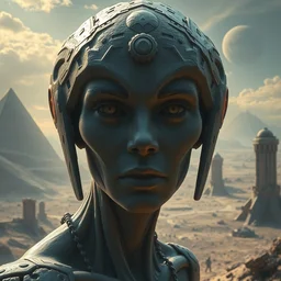 full - face close - up portrait, your mom is a cosmic horror by bruce brenneise and peter mohrbacher, alien ancient ruins in background, giant stone pyramids in the distance, on an alien planet with craters, 3 d render, neosurrealism. digital concept art, pixel art, rendered in octane, trending on cgsociety, trending on artstation