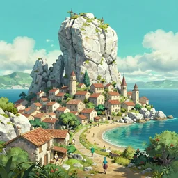 pixar 3D render, by studio ghibli, (french bande dessinée), solarpunk, 1244, fantasy setting, jrpg, mediterranean landscape, quaint old village, cinq terre, highly detailed, luminous, white rock, bright beautiful teal sky and sea, style by moebius, radiosity, concept art, unreal engine