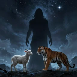 silhouette of a god creating a lamb and tiger against the background of a starry sky, hyper realism, mystery, scared, fantasy, dark, highly detailed, digital painting, concept art, sharp focus, illustration, epic light, artstation digital art painting, dream wave aesthetic, ethereal, epic