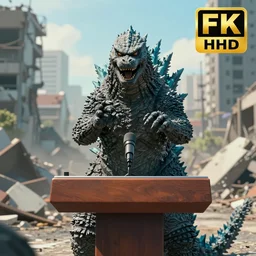 Godzilla holding a press conference to apologize for destroying a city, 4k UHD, trending