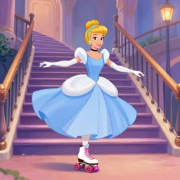 cinderella in the style of the disney film skating down stairs on rollerblades