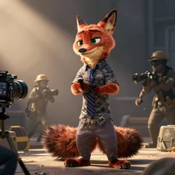 Nick Wilde (from Zootopia) outfitted in dark clothing for a heist, doing one last job before he's out of the game for good