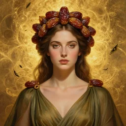 epic painting of beautiful goddess body in olive dress with brown hair, golden glowing high quality luxurious background, close up portrait, crown made of sweet dried dates fruits and medjool dates and dried dates, photography by amy leibowitz, medjool dates wlop, jeremy lipkin, beeple, intricate golden fractals, tea leaves flying in the sky, symmetrical front portrait