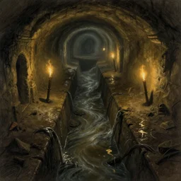 intersection of flooded sewer tunnels. fantasy art, underground, stream, musty, damp, sewage, darkness, underground, catacombs, abandoned spaces, torchlight. sketch art earthdawn campaign setting. myth drannor. parlainth. by fred fields.