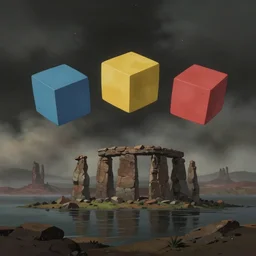 a realistic cell - shaded studio ghibli concept art from paprika ( 2 0 0 6 ) with very dull muted colors. three colored cubes from close encounters of the third kind ( 1 9 7 7 ) hover over a flooded monument valley stonehenge on a misty starry night, hd, 4 k, hq