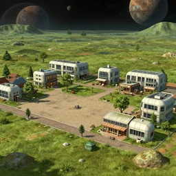 next to a open plaza area with a restaurant at the side, in the middle of a small town of only a few buildings, that are made from modular capsules, on an alien grassland, on an alien planet, from a space themed point and click 2 d graphic adventure game, set design inspired by hg giger and ridley scott and tomb raider, art inspired by thomas kinkade