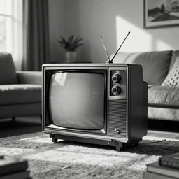 white black photo of a broken old TV on a living room
