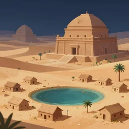 Desert City, Small houses, large temples, a small oasis, a small palm trees; night; illustration, Artstation, Pixiv,  digital painting, shallow depth of field, 8k, hyper detailed