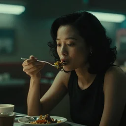 screensho of a woman eating in a restaurant, neo - future, highly detailed environment, depressing, lonely, movie, movie screengrab, noir, soft green lighting, heavy film grain, hyper realistic, photorealistic, heavily detailed face, backlighting, elegant, in the style of wong kar - wai, 8 k, hyperrealism, beautiful composition, rule of thirds, grunge