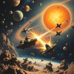 a painting by john harris, barlowe wayne, maxfield parrish, gustave dore and marco mazzoni. the solar system, various space civilizations's space ship are fighting fiercely. hyper detailed.