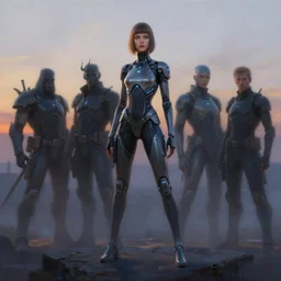 hyper realistic painting of a panorama at dawn, with a cyber girl, full body, conceptart, greg rutkowski, brom, james gurney, mignola, craig mullins, alan lee