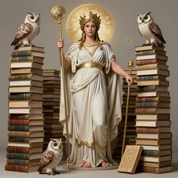 alexis dziena as the goddess minerva surrounded by stacks of books, owls, esoteric symbols, in the style of thomas dodd, 8 k, hyperdetailed