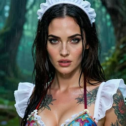 megan fox as a beautiful tattooed female maid wearing a magical bikini in a magical forest, highly detailed and realistic face, rain drops on face, beautiful detailed eyes with a piercing gaze, fantasy art, in the style of artgerm, illustration, epic, fantasy, intricate, hyper detailed, artstation, concept art, smooth, sharp focus, ray tracing, vibrant, photorealistic
