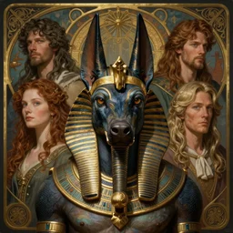 realistic detailed face portrait and fully body poses of anubis in the underworld by emilia dziubak, will terry, greg olsen, chris mars, ann long, and mark brooks, fairytale, art nouveau, victorian, neo - gothic, character concept design, smooth, extremely sharp detail, finely tuned detail, story book design, storybook layout