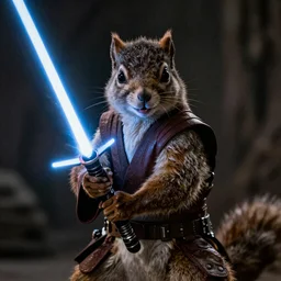 a squirrel Jedi wielding a lightsaber, dramatic movie still