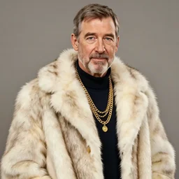 mr. rogers in a fur coat, gold chains, og, hustler, grinding