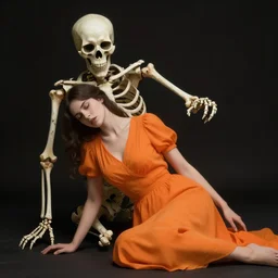 decaying skeleton lurking after a woman in a orange dress, in the style of feldstein, johnny craig, wally wood, and jack davis