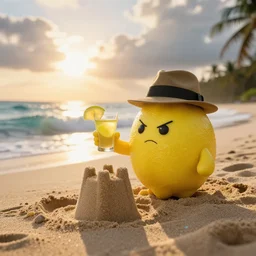 a 5 0 mm photograph, of a fictional personified lemon character, serious look, it has lemon skin texture, it's wearing fedora and holding a glass of lemon, building a sandcastle on the beach, at sunset, beach, huge waves, bright sun, turbid clouds, tropical trees, rim light, sand, volumetric lightening, pentax k