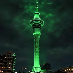 auckland sky tower, green lighting, evil, artstation, octane render