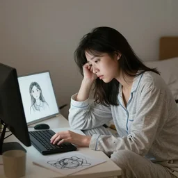 girl starting at computer really tired in pyjamas, messy unmade bed behind her, digital art, drawing, artstation