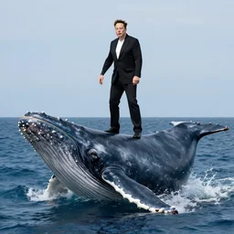 elon musk on top of a whale in a sea