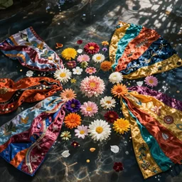 flowers float underwater together and colorful cloths, art by christy lee rogers