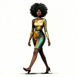 masterpiece high contrast black, gold, teal, orange, ink drawing of woman walking in an afro futurist pedestrianized eco city block designed by by frank lloyd wright architect, plants and trees on walkways low buildings, green energy, bicycles,, bill sienkiewicz, giant agapanthus flower from buildings wide angle, insanely detailed and intricate