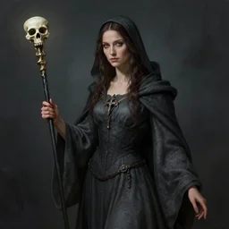 Gorgeous necromancer woman, DnD, dark grey robes, bone scepter, by Leonardo da Vinci, trending on artstation artstationHD, artstationHQ, cgsociety, matte painting, chiaroscuro, chromatic