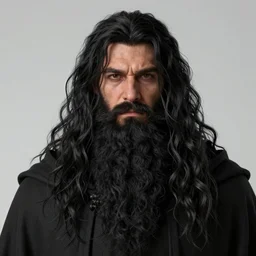 portrait of a 6 0 - year - old giant man with long tangles of bushy black hair and beard hiding most of his face, wearing in black cloak, hyper realistic face, beautiful eyes, character art, art by mark brooks, hyperdetailed, cryengine, trending on artstation, digital art