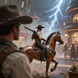 photo from shoulder of a cowboy, riding a steampunk horse, carrying a big gun, on a futuristic shopping mall, cinematic lightning, ray tracing, unreal engine 5, photorealistic, 8 k, uhd, 4 k, red dead redemption 2 game concept, extremely detailed, beautiful, elegant, intricate, foggy, in - game footage