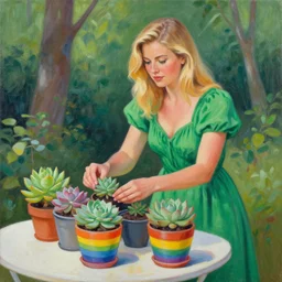 painting by Tony Sart of a beautiful blonde woman with shoulder length hair in a forest green dress putting colorful succulents into rainbow pots at a square table