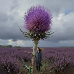 portrait, enormous thistle flower head, a girl wearing a coat in heather a field, surreal photography, wind and cold, dramatic sky, impressionist painting, digital painting, artstation, simon stalenhag
