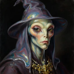 a baroque portrait painting of an alien wizard face dripping in liquid mercury. iridescent colors, black background. highly detailed science fiction painting by norman rockwell, moebius, frank frazetta, and syd mead. rich colors, high contrast. artstation