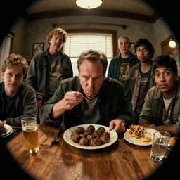 Dale Cooper is eating meatballs at the Black Lodge, Greg Rutkowski, Darek Zabrocki, Karlkka, Jayison Devadas, Phuoc Quan, trending on Artstation, 8K, ultra wide angle, pincushion lens effect.