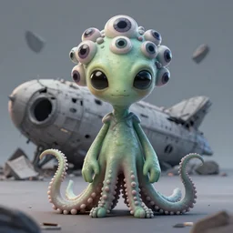 cute portrait of alien full body with tentacles on his feet many eyes on his face with his ship destroyed